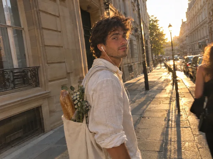 A young man walking home at golden hour, a baguette and flowers in his tote bag, glancing back